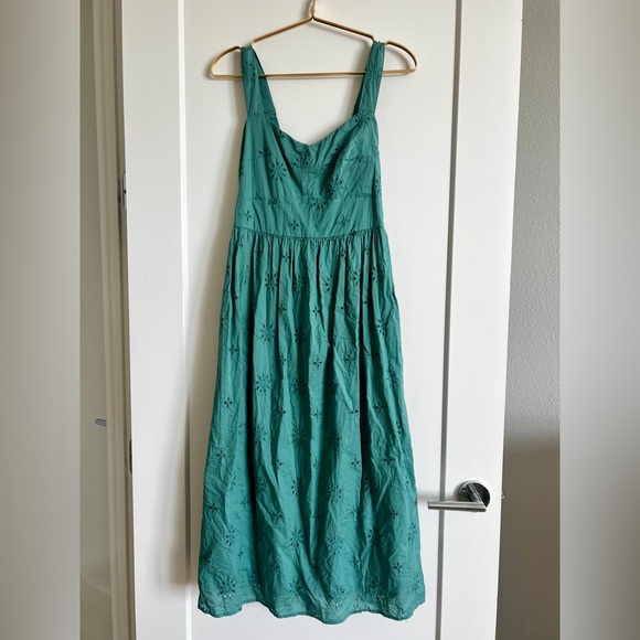 J.Crew Mineral Green Eyelet Cotton Midi Sundress Pockets Fit Flare Size 8 - Picture 6 of 14